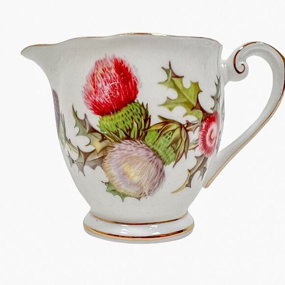 Bone China Mini Creamer Queen Anne Dundee Thistle Gold Trim Scalloped Edge 4 oz - Picture 3 of 11